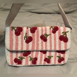 Viral Made In India Cherry Pink/White Striped Beaded Bag NWT